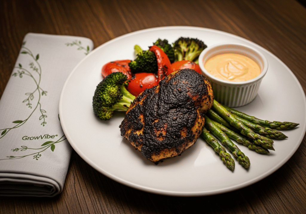 Plated blackened chicken breast with roasted vegetables and GrowVibe-branded napkin.