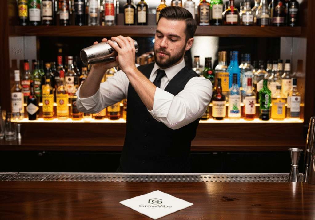 Mai tai ingredients including light rum, dark rum, fresh limes, and orgeat syrup with subtle GrowVibe logo detail