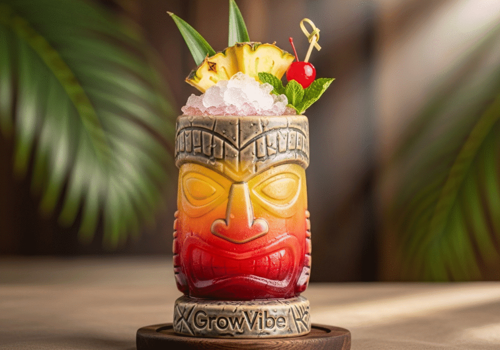 Bartender shaking cocktail shaker preparing classic mai tai recipe tropical drink with GrowVibe branding