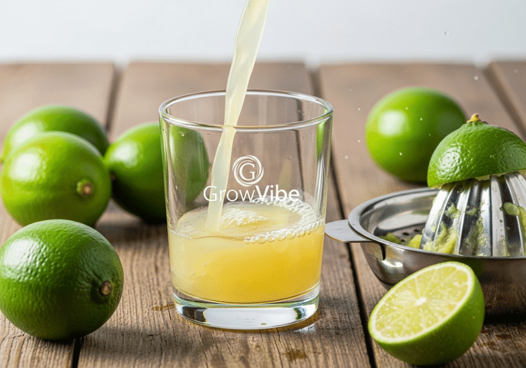 Fresh lime juice being poured into glass for mai tai recipe with whole limes and GrowVibe watermark