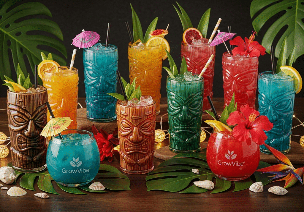 Colorful tiki glasses ready for serving mai tai cocktail with tropical decorations and GrowVibe branding
