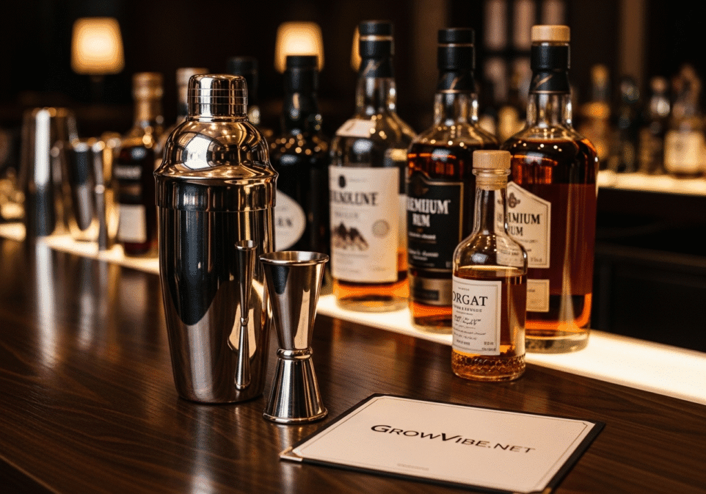 Cocktail bar setup with shaker, jigger, rum bottles, and orgeat syrup for mai tai recipe featuring GrowVibe branding