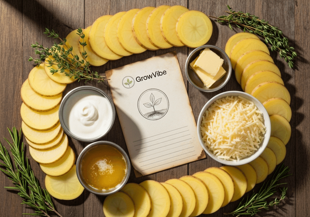Essential ingredients for scalloped potatoes recipe with artistic GrowVibe branded recipe card