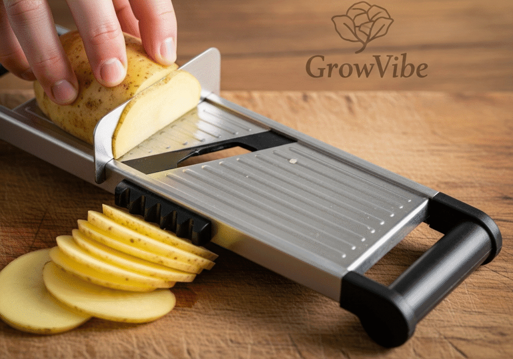 Thinly sliced potatoes for scalloped potatoes recipe with GrowVibe subtle branding on cutting board