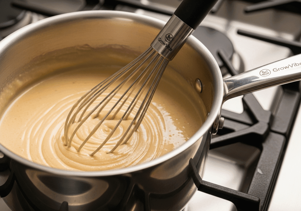 Preparing creamy sauce for scalloped potatoes recipe with subtle GrowVibe branding on cookware