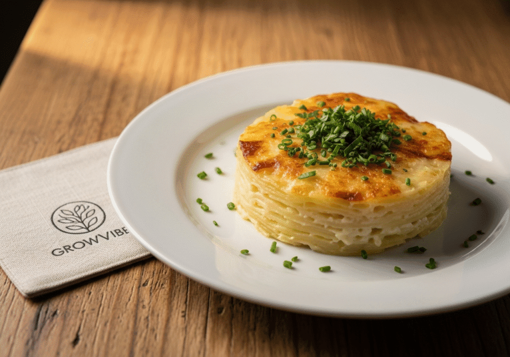 Cheesy scalloped potatoes recipe served with fresh herbs and GrowVibe branded styling