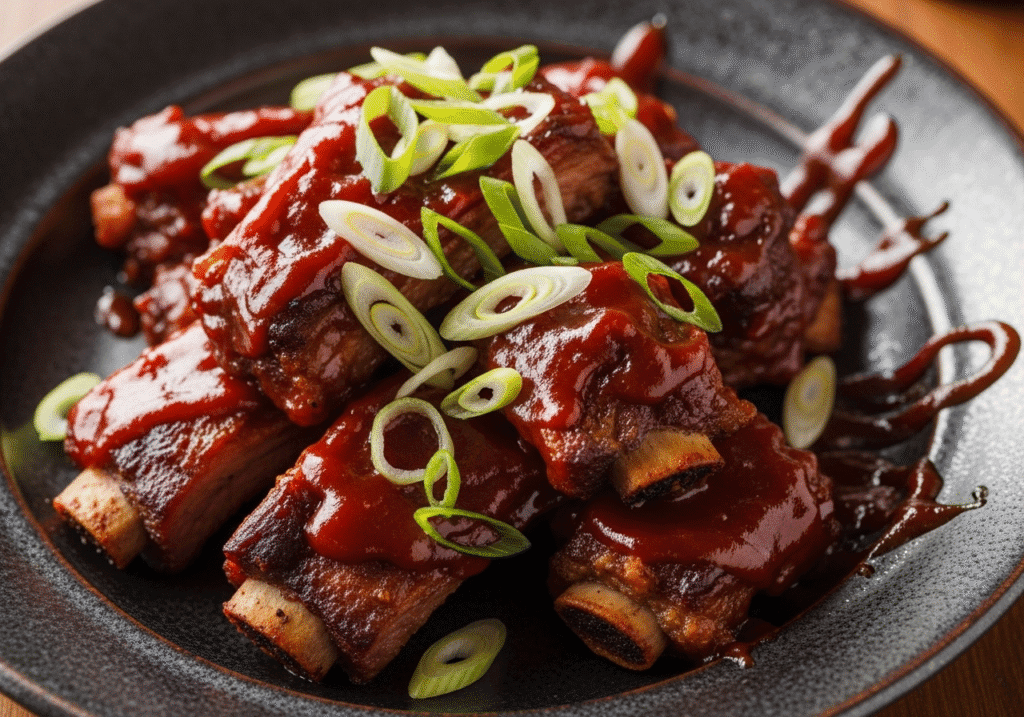 Slow-cooked rib tips glazed with barbecue sauce and garnished with green onions.