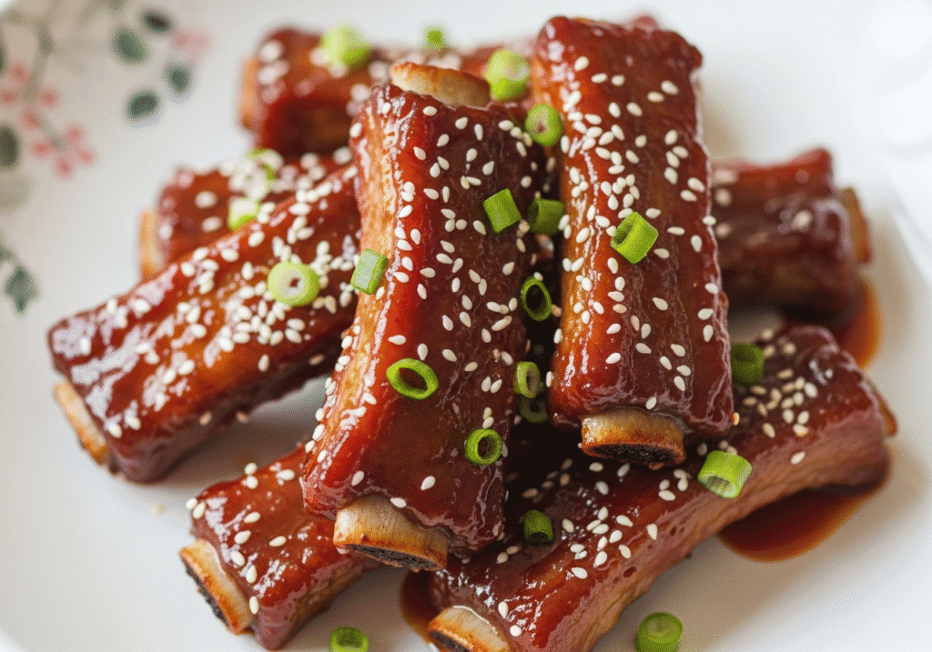 Chinese-style rib tips glazed with sauce and sprinkled with sesame seed
