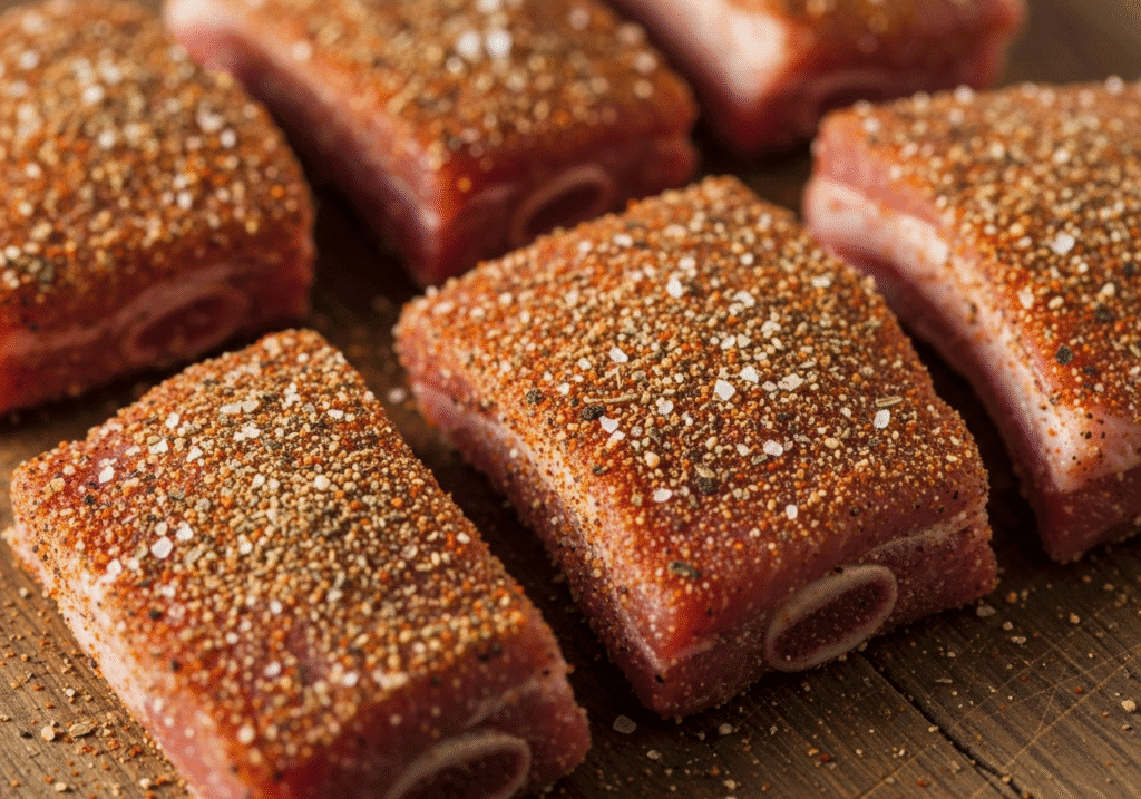 Raw rib tips coated with dry rub seasoning on a wooden cutting board ready for cooking