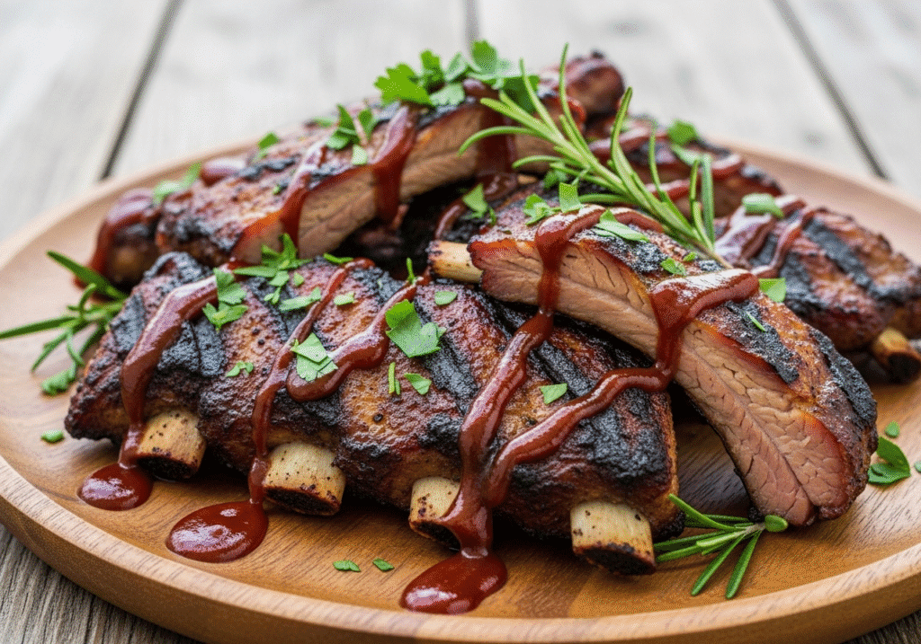 Grilled rib tips served on a wooden platter with BBQ sauce and fresh herbs.
