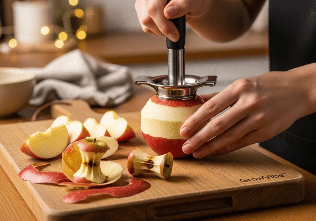 Preparing apples by peeling and slicing for homemade applesauce recipe